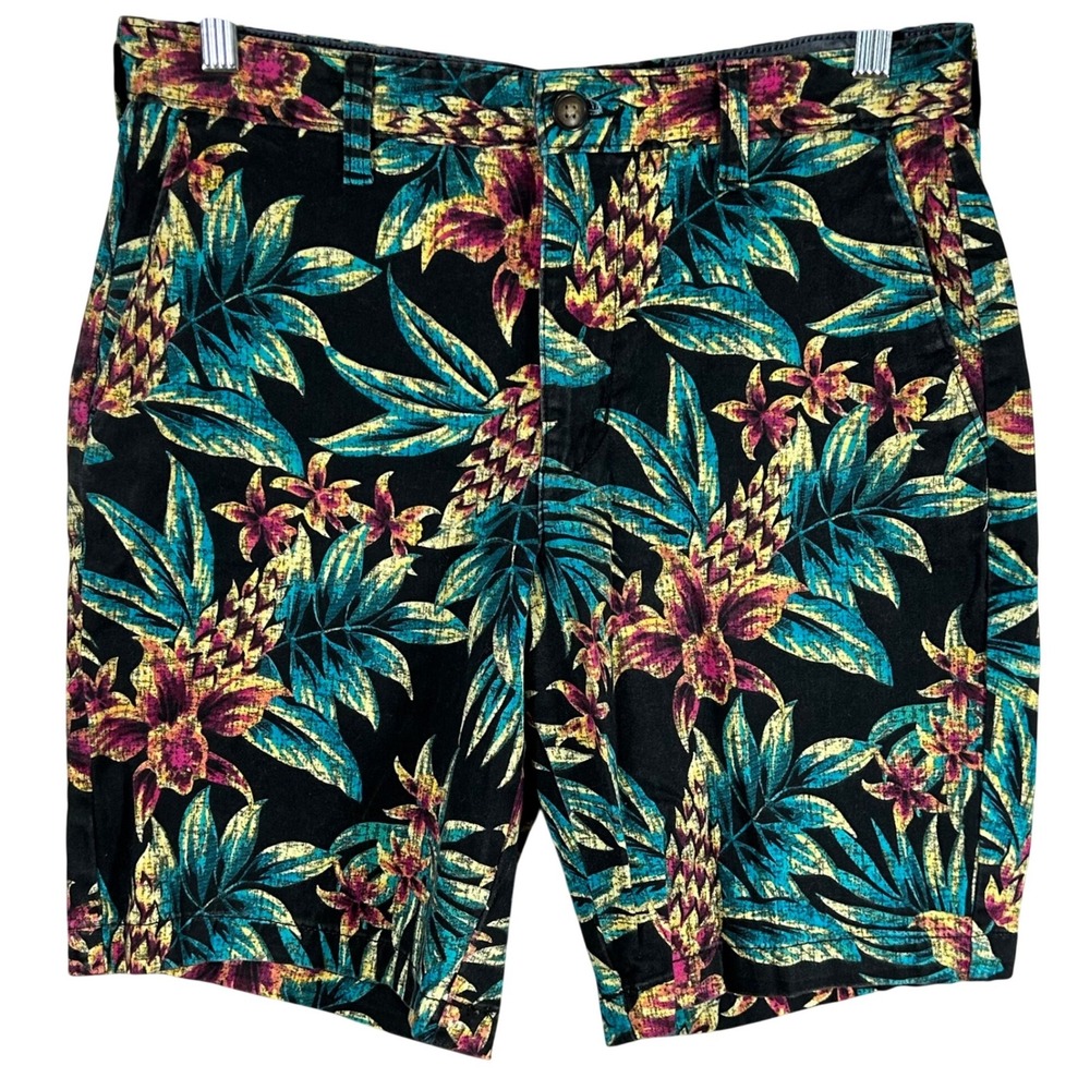 George Mens Tropical Floral Pineapple Chino Shorts Black Teal Magenta Size 30